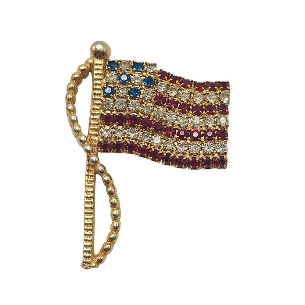 Vintage Rhinestone American Flag Brooch Pin Gold-Tone Patriotic July 4th Jewelry